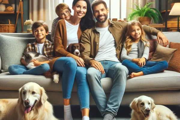 Happy family sitting on a couch with their pets, including two dogs and a cat, showcasing a pet-friendly home environment.